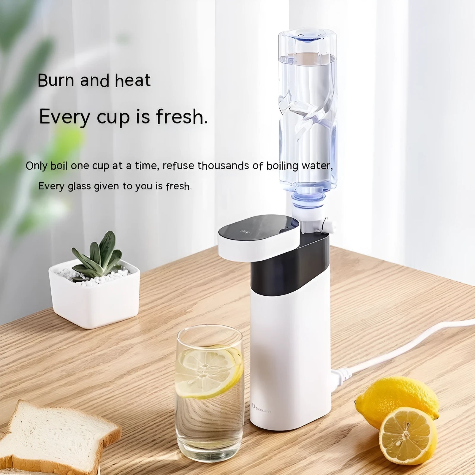 Black and green desktop water dispenser with temperature control settings and nano heating film