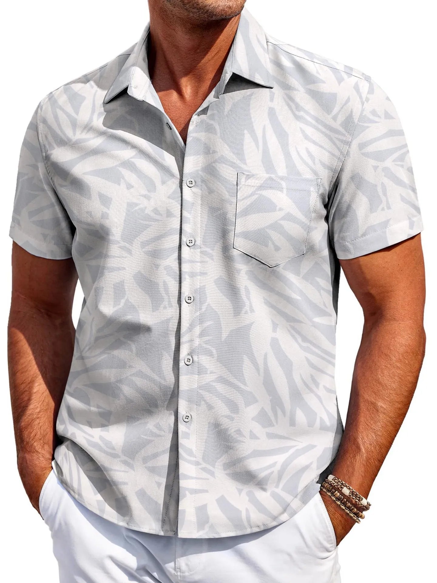 A man's slim-fit short-sleeve Hawaiian shirt in a cardigan style, available in multiple colours.