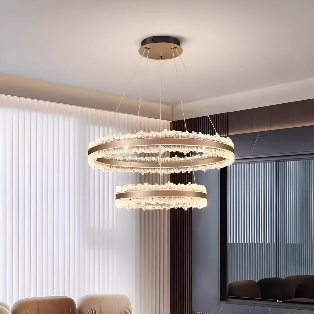 Modern double-layer chandelier with aluminium and acrylic sanding finish, 40cm and 60cm sizes, tricolor ceiling light.
