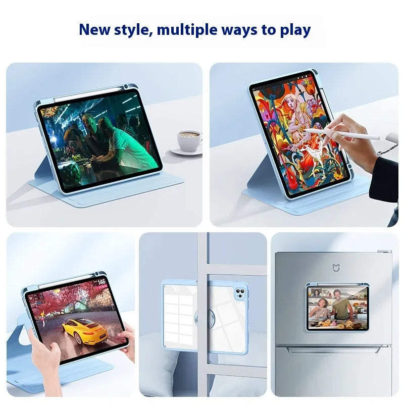 Magnetic split tablet case with pen slot and rotatable stand, PC material, mirror element, in six colours.