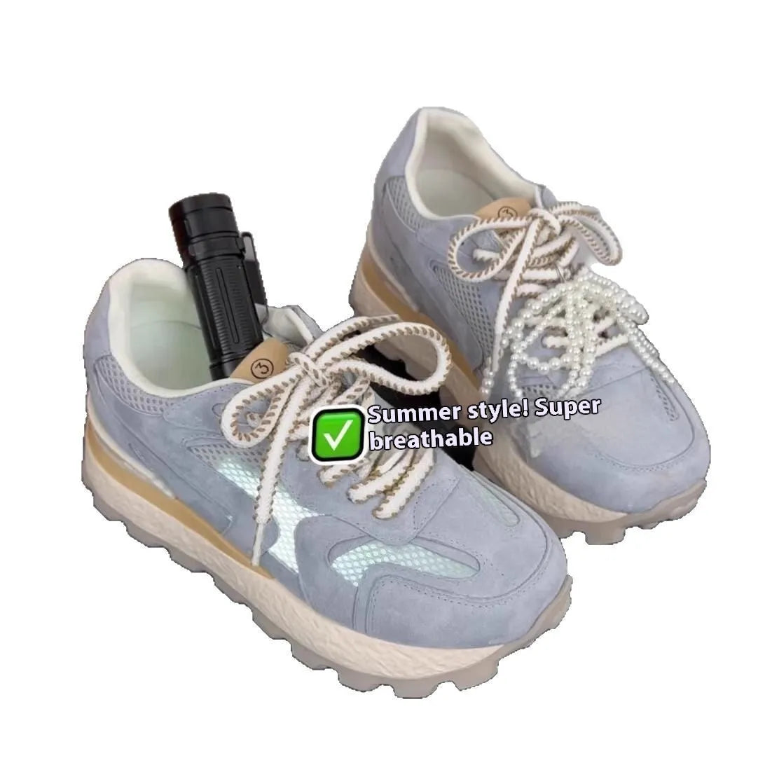 Women's platform sneakers in blue, apricot or yellow with 3-5cm mid heel, synthetic leather upper and rubber sole.