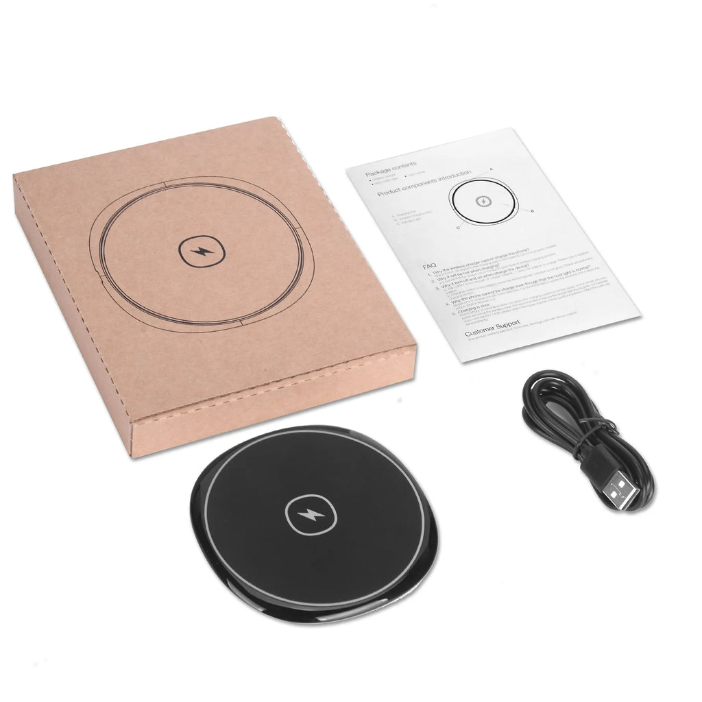 Black 15W fast wireless charger with glossy flat surface and indication function for Apple Huawei phones