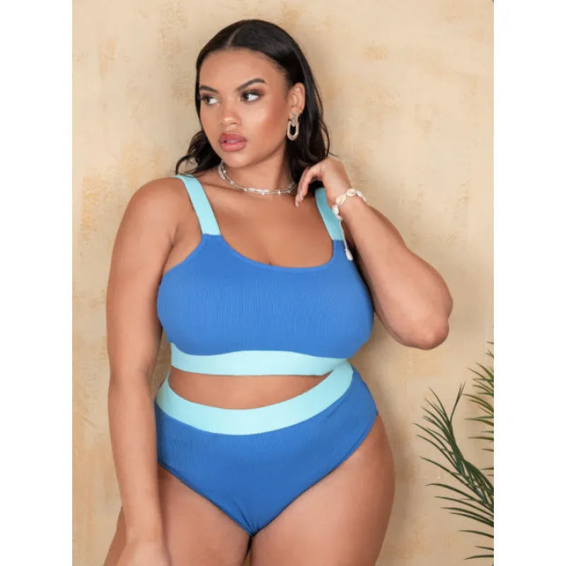 Women's solid colour high-waisted bikini set with split briefs on a mannequin.