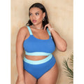 Women's solid colour high-waisted bikini set with split briefs on a mannequin.