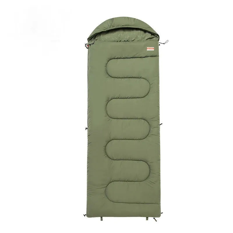 Ochre and olive green ultra-light cotton camping sleeping bag laid out flat.