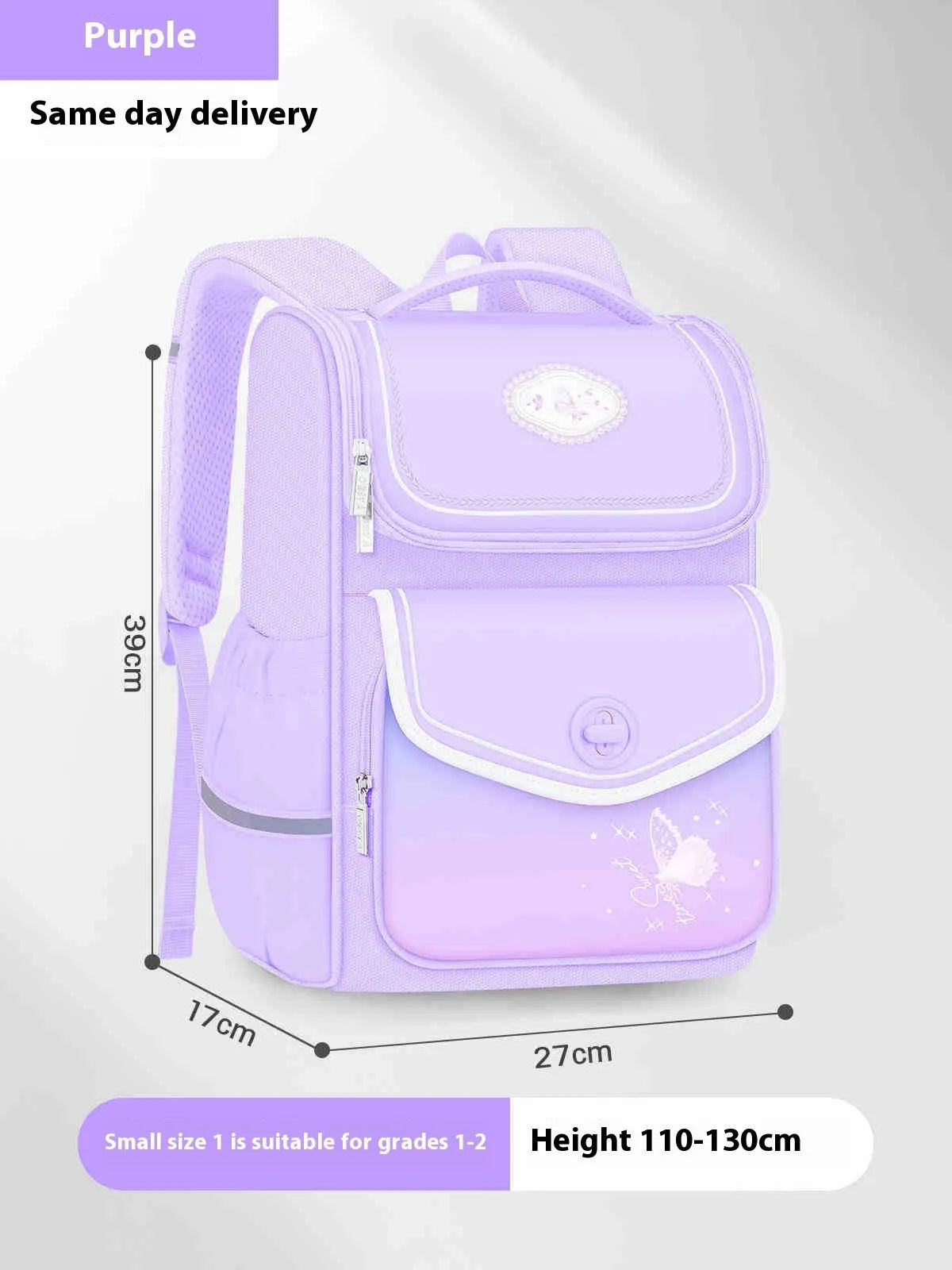 Girls waterproof Oxford cloth school backpack in pink, shown in large and small sizes for primary school years 1-6.