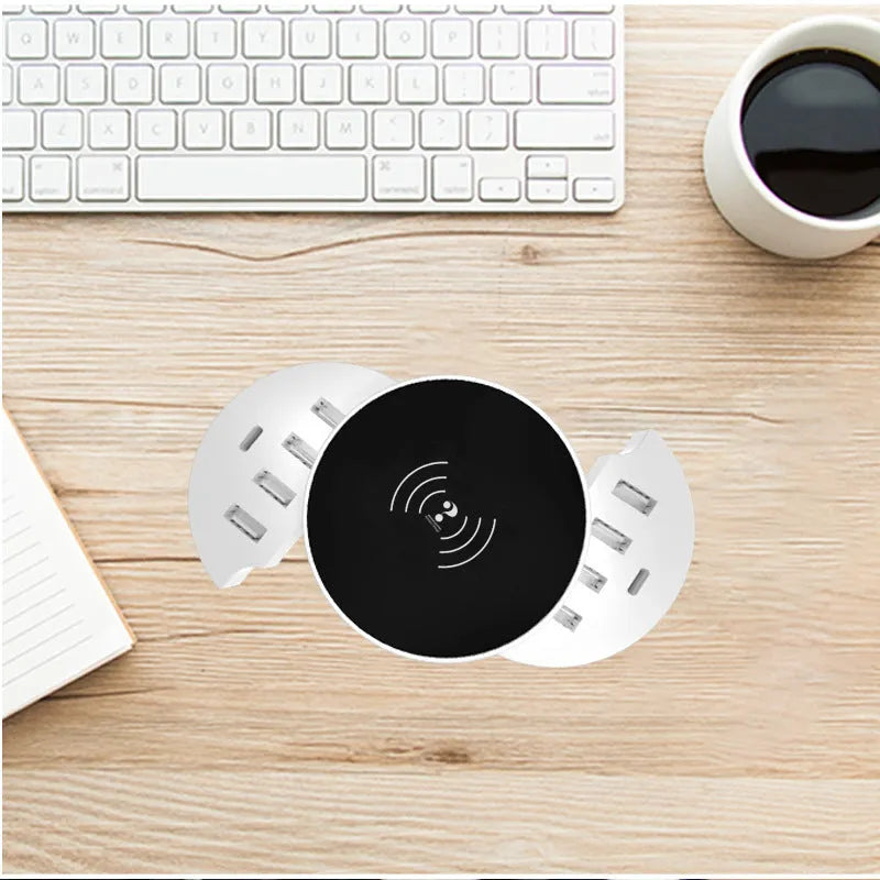 Ceramic white circular wireless charger with cable and international adapters for EU UK US outlets