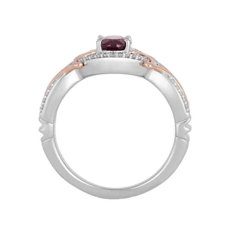 Micro inlaid zircon egg-shaped amethyst two-tone ring for women in copper, sizes 6 to 10.
