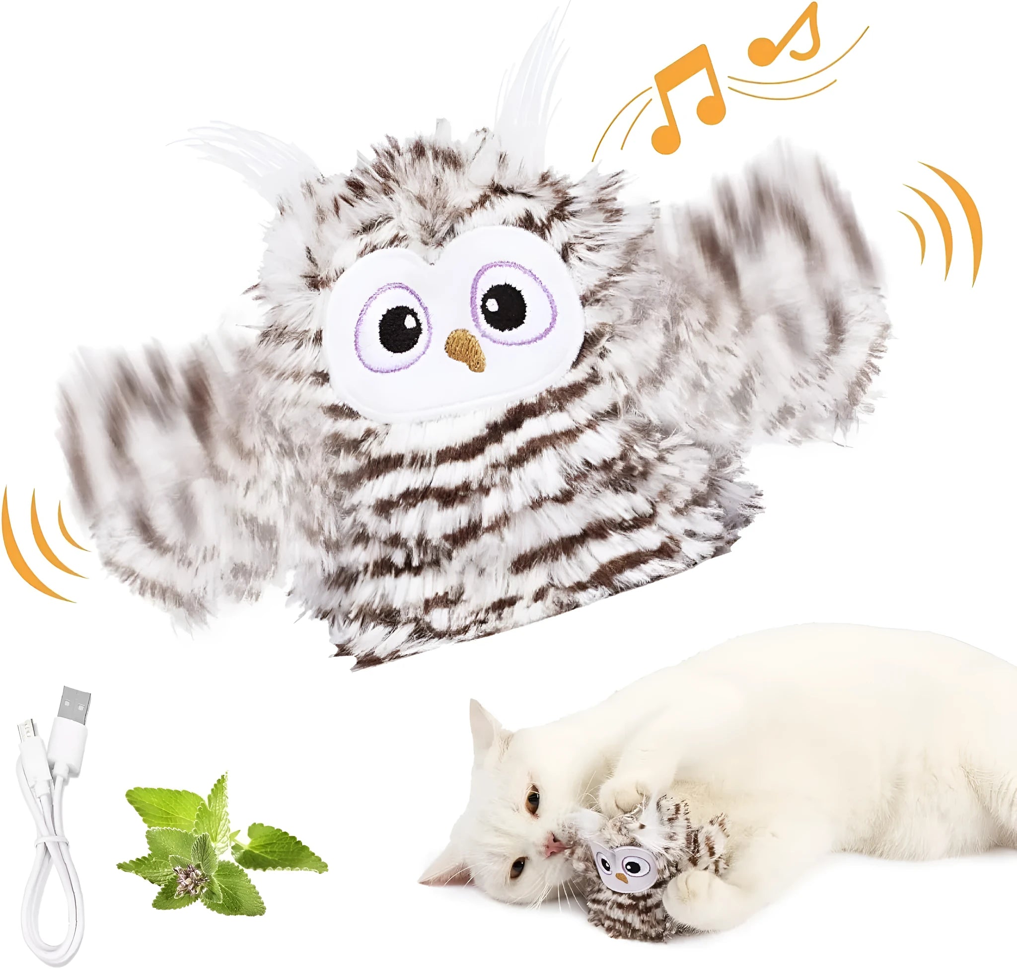 Grey automatic chirping owl cat toy with flapping wings on a floor.