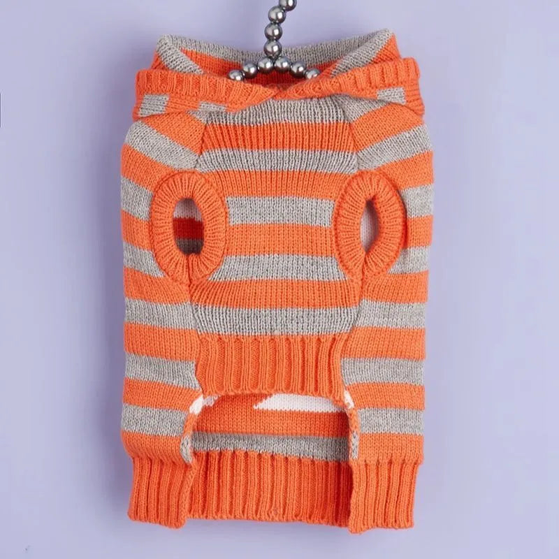 Orange striped knitted acrylic pet sweater with hood and fur ball decoration for Halloween