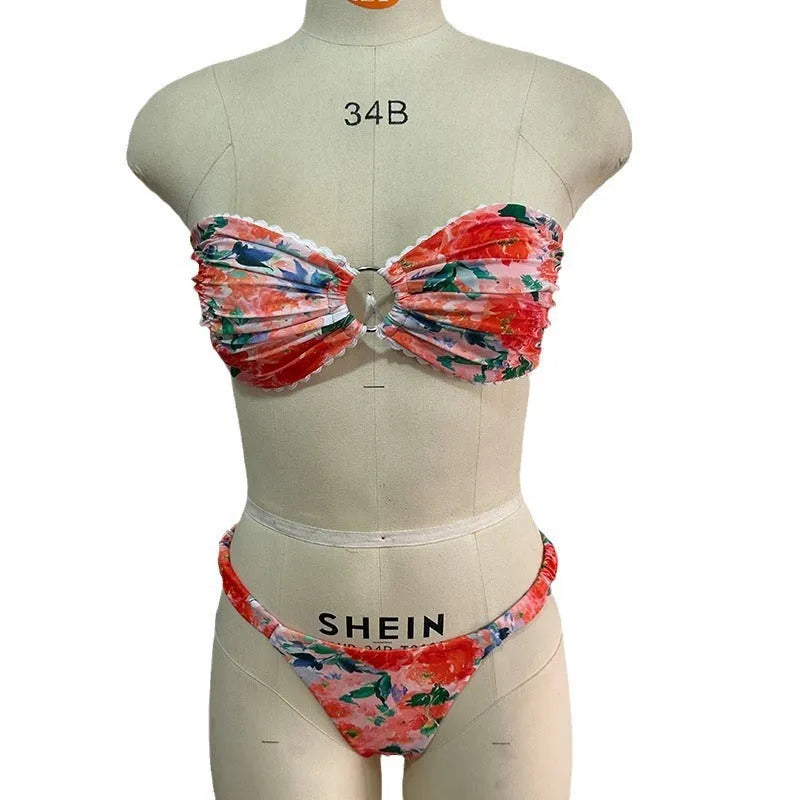 Women's floral printed bikini set with lace trim tube top and matching briefs