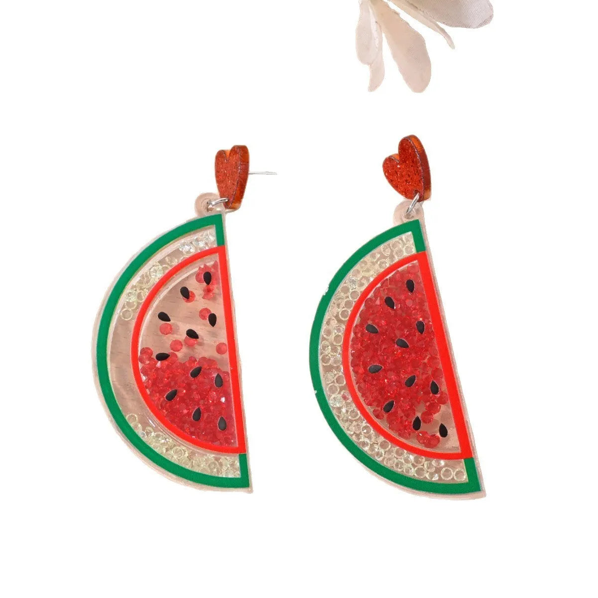 Colourful acrylic stud earrings with cherry, strawberry, watermelon, pineapple, coconut, cake, and ice cream designs.