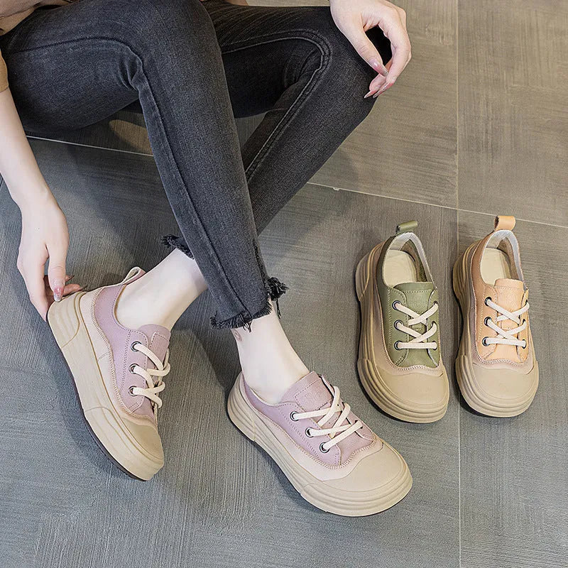 Women's leather platform sneakers in matcha green, purple, and orange colours with lace-up front and round toe