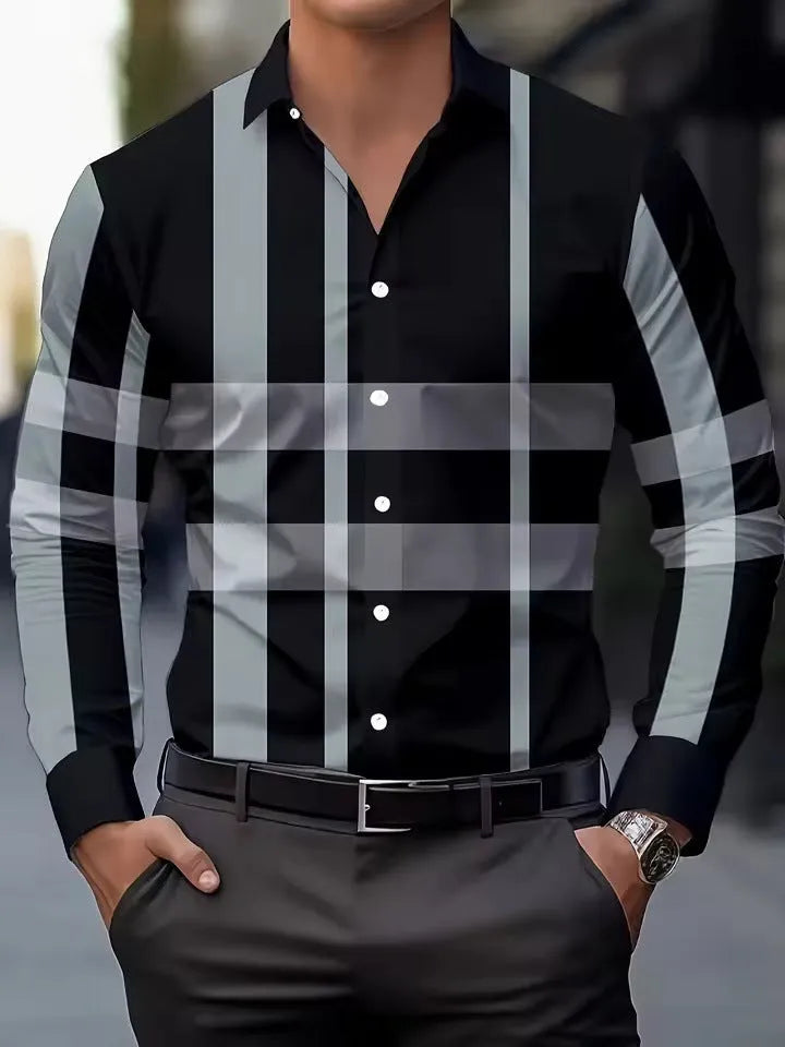 Man wearing a blue striped long sleeve button-up shirt with a lapel collar.