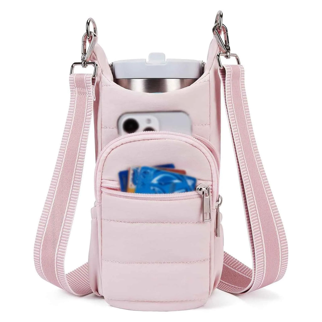 Cloth water bottle bag with adjustable shoulder strap for bicycles in black, pink, and beige colours.