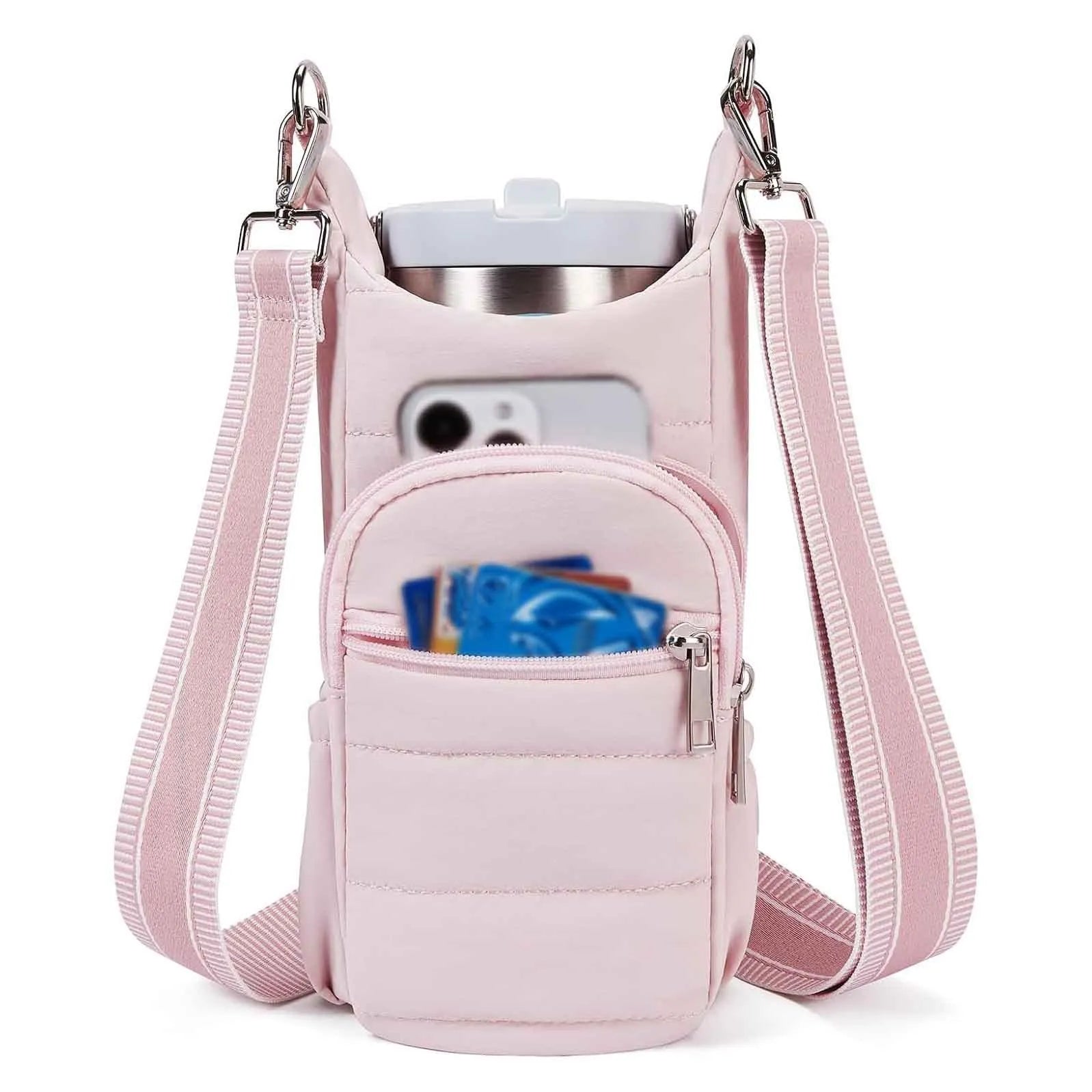 Cloth water bottle bag with adjustable shoulder strap for bicycles in black, pink, and beige colours.