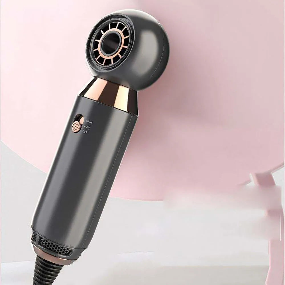 Compact leafless portable hair dryer with diffuser accessory, 20cm size, and ionic technology.