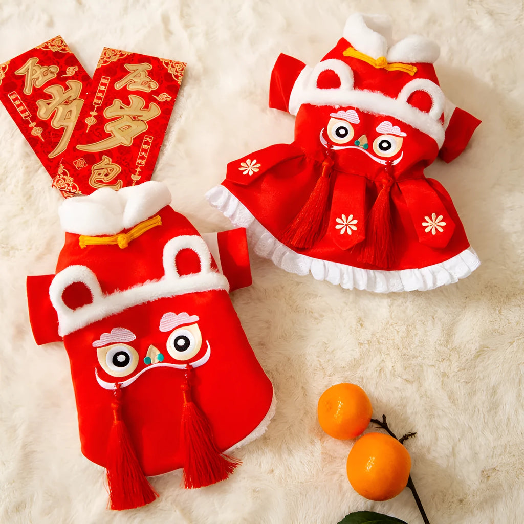 Lion Dance Pet Outfit red cotton-padded dog costume with embroidery and tassels for New Year