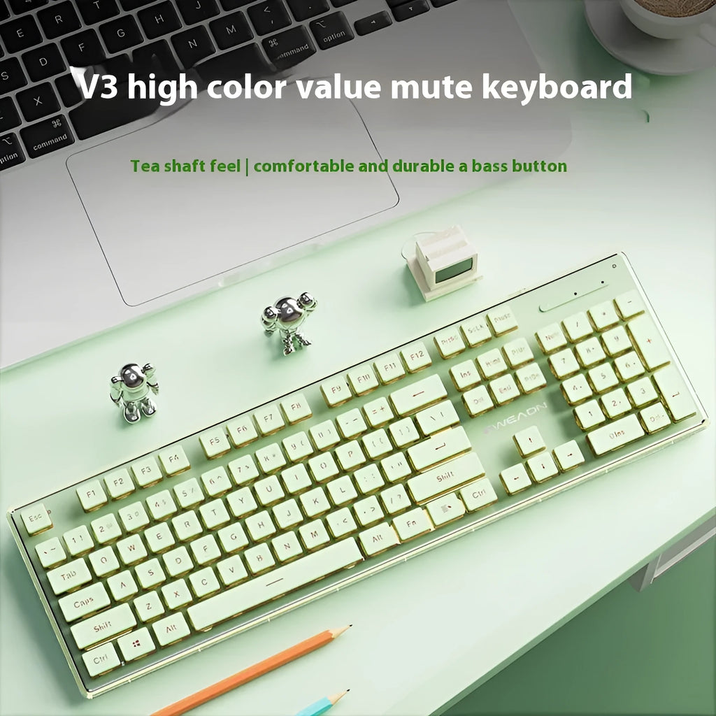 Prewalker V3 Retro Green silent mechanical keyboard and mouse set on a desk.