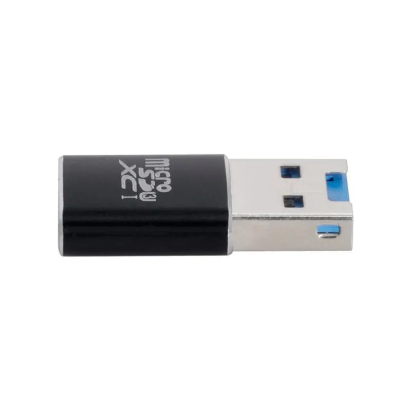Black USB 3.0 card reader for Micro SD and SD memory cards on a grey background.