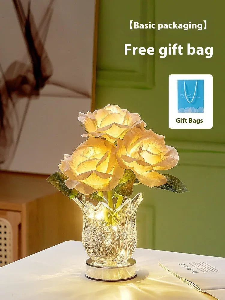 Crystal flowers touch dimmable table lamp on bedside table with charging cable