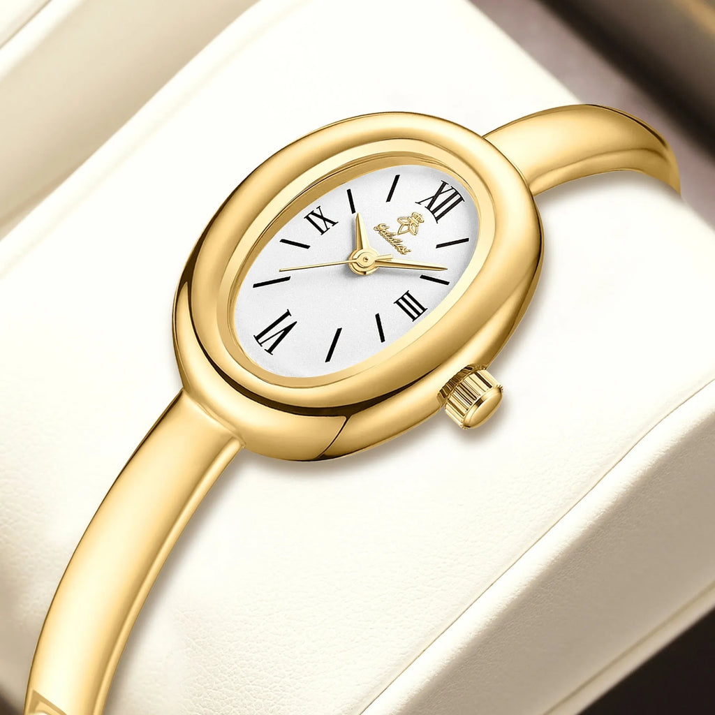 Women's retro oval quartz watch with 8mm thickness in gold colour variant