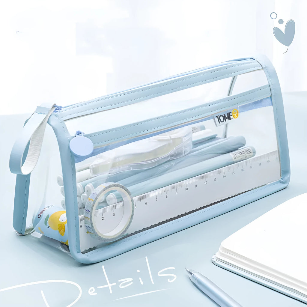 Large transparent double-layer pencil case in beige colour showing two zipped compartments