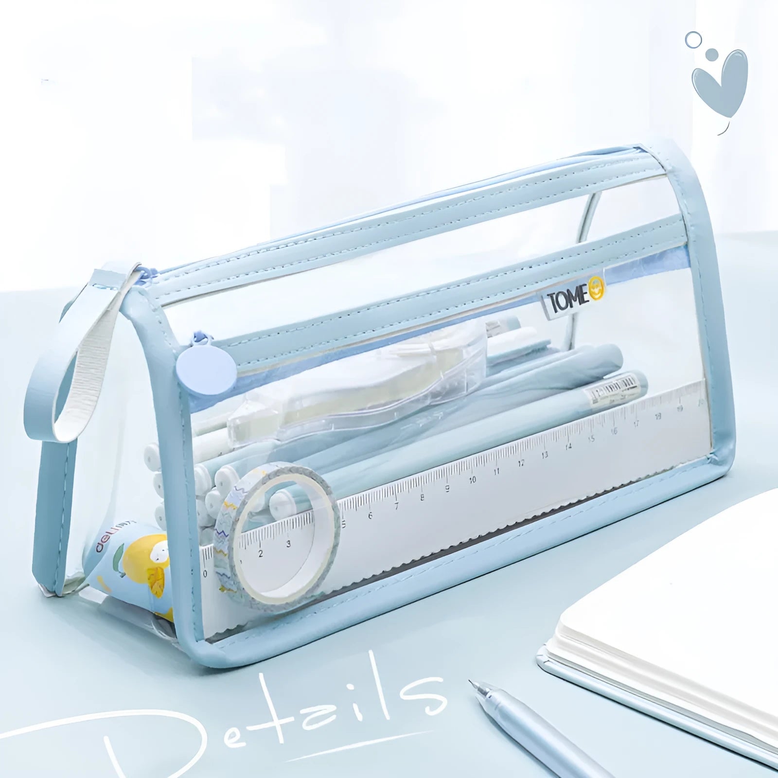Large transparent double-layer pencil case in beige colour showing two zipped compartments